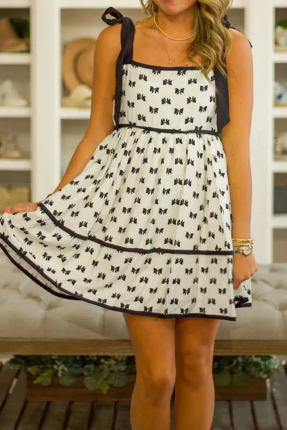 Buy Bow Knot Color Contrast Trim Knotted Shoulder Mini Dress by Faz