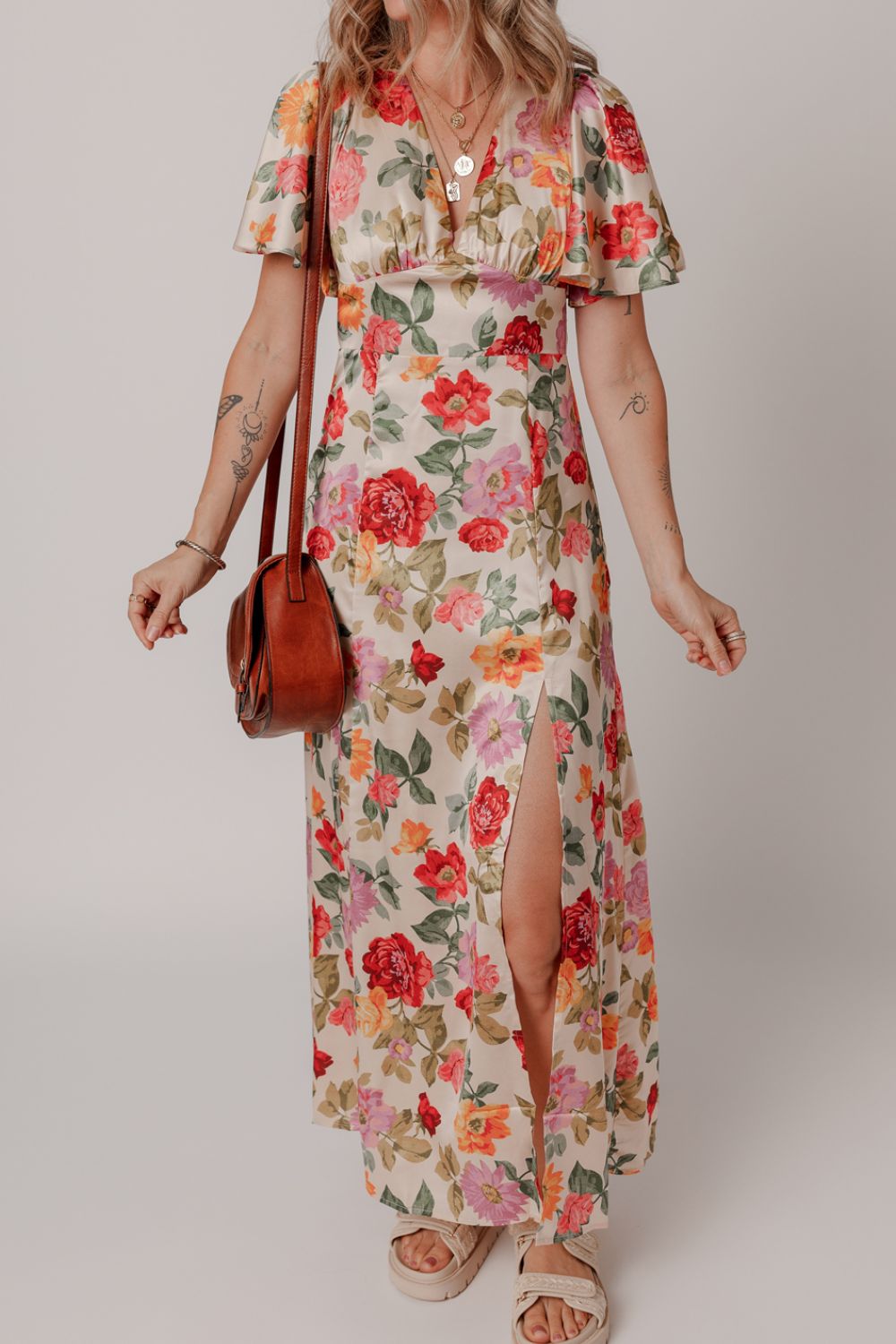 Floral Short Sleeve Tie Back Slit Dress