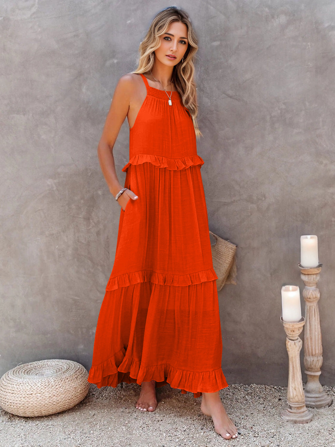 Buy Ruffled Sleeveless Tiered Maxi Dress with Pockets by Faz