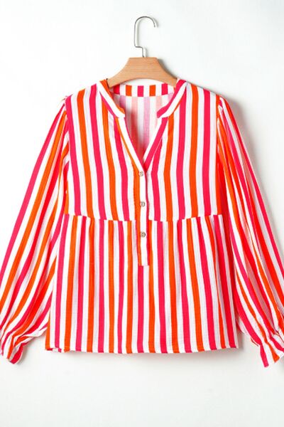 Buy Striped Notched Flounce Sleeve Blouse by SYNZ