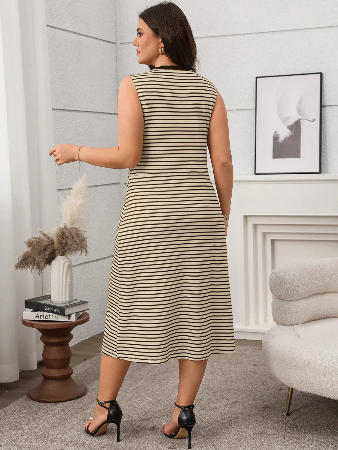 Buy Striped Round Neck Sleeveless Midi Tank Dress by Faz