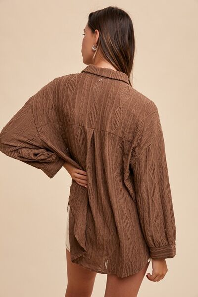 Buy Openwork Button Down Drop Shoulder Shirt by Annie Wear
