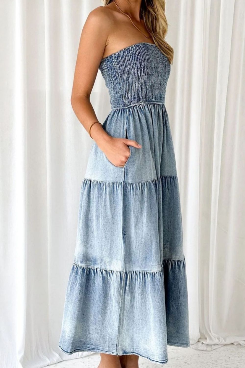Buy Smocked Tube Slit Tiered Denim Dress by Faz