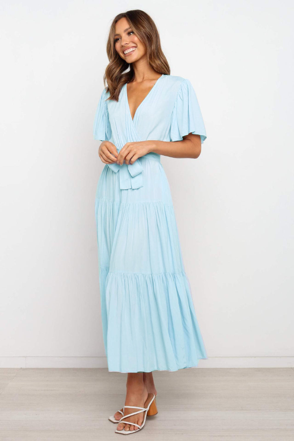 Buy Tied Back Tiered Short Sleeve Midi Dress by Faz