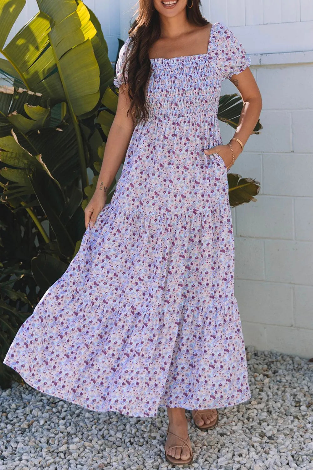 Buy Tiered Floral Shirred High Waist Maxi Dress by Faz