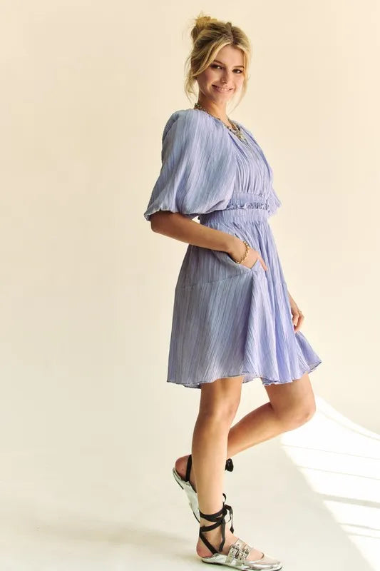 Buy Back Button Puff Sleeve Mini Dress by Faz