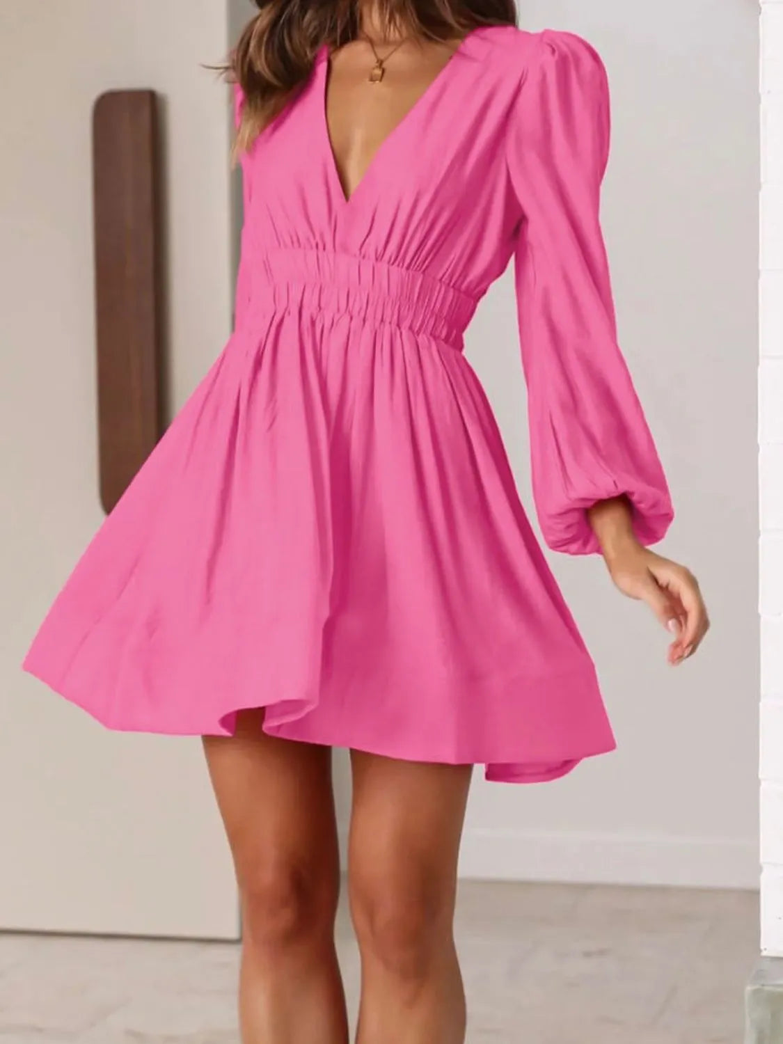 Buy Ruched V-Neck Balloon Sleeve Mini Dress by Faz