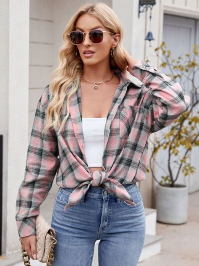 Buy Pocketed Plaid Collared Neck Long Sleeve Shirt by Mandy