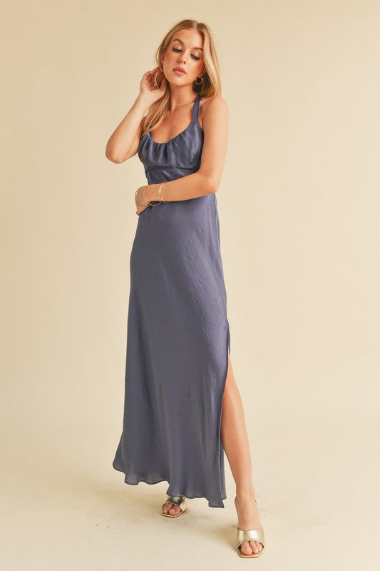 Buy Ruched Side Slit Cutout Back Maxi Cami Dress by Faz