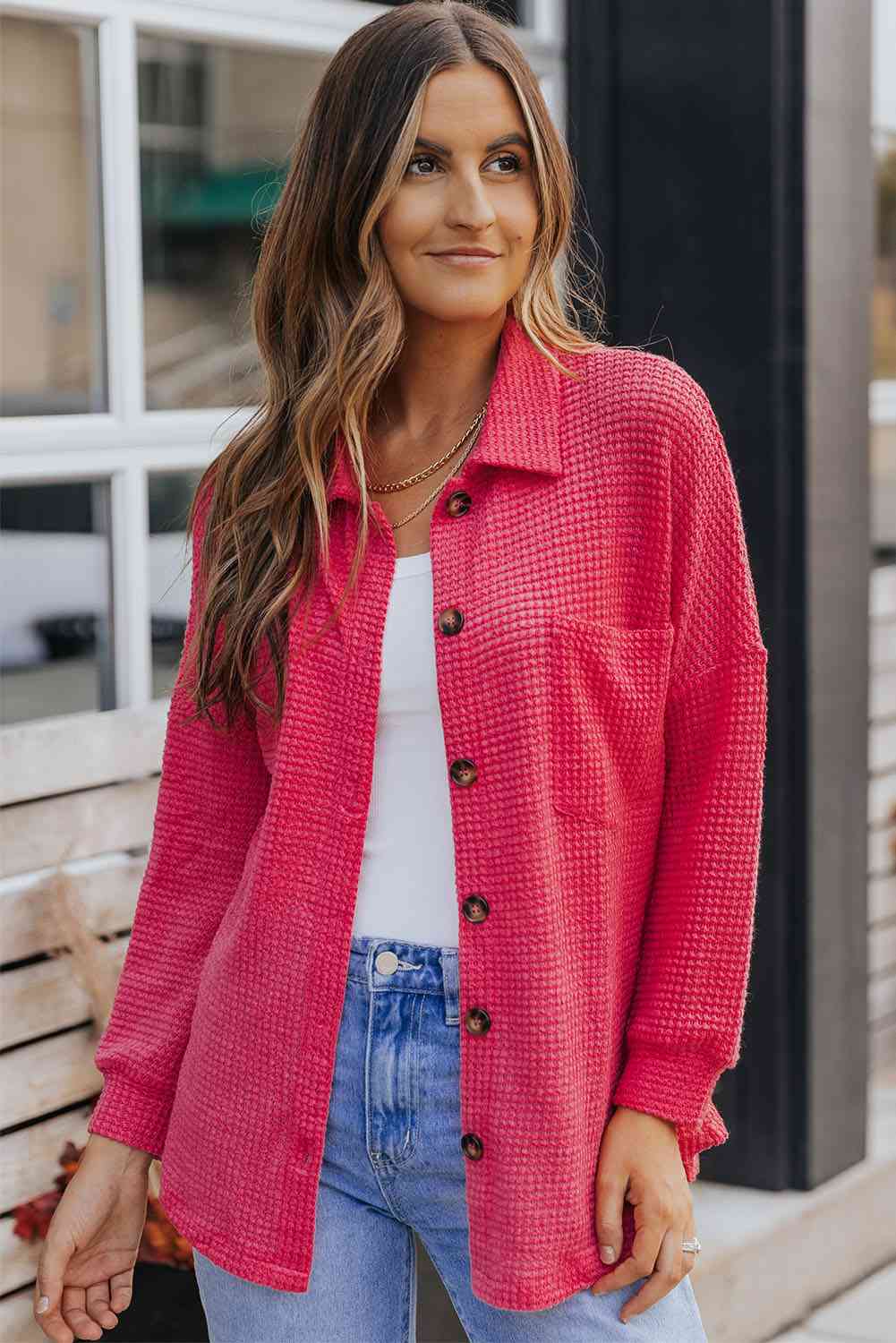 Buy Waffle-Knit Collared Neck Dropped Shoulder Shirt by SYNZ