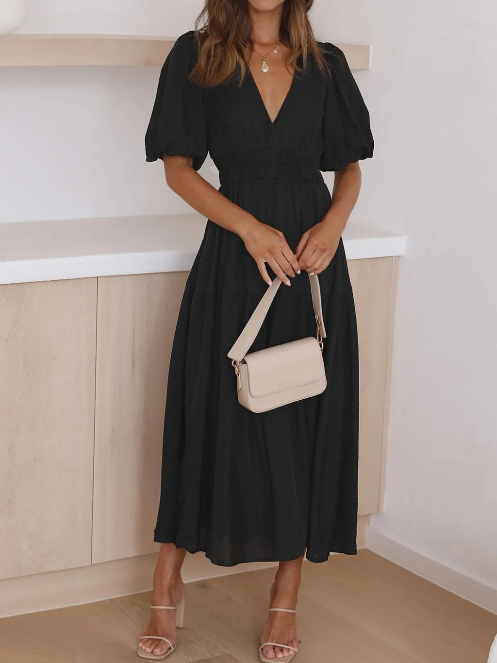 Buy V-Neck Puff Sleeve Midi Dress by Faz