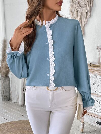 Buy Lace Detail Button Down Long Sleeve Shirt by Perfee