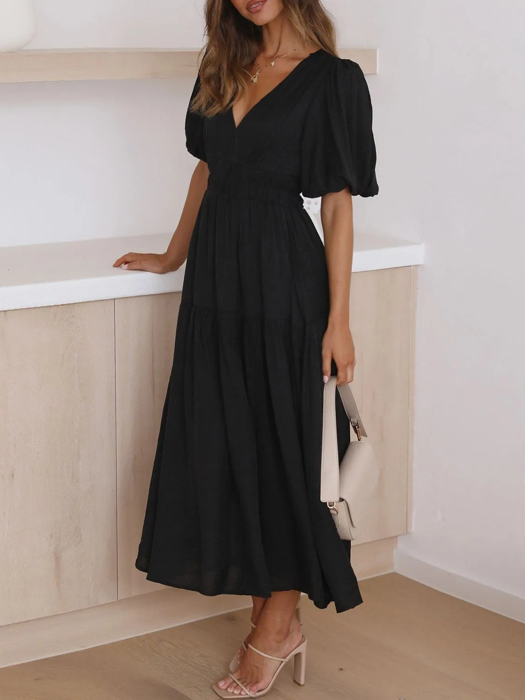 Buy V-Neck Puff Sleeve Midi Dress by Faz