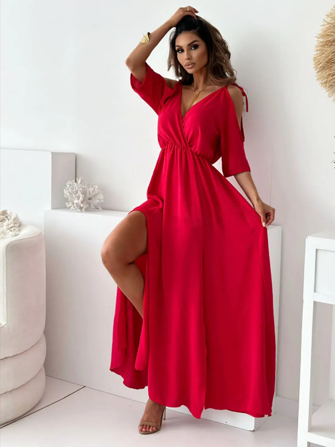 Buy Tied Shoulder Slit Maxi Dress by Faz