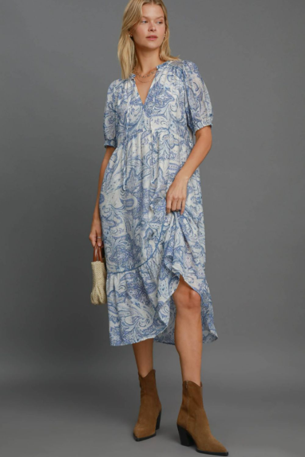Full Size Printed Puff Short Sleeve Midi Dress Plus Size