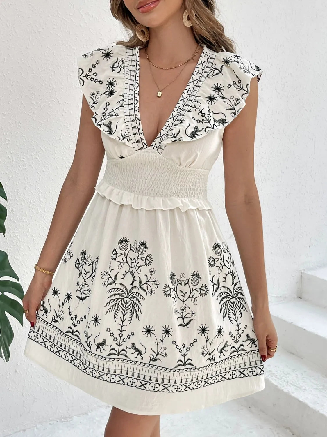 Buy Smocked Ruffled Cap Sleeve Mini Dress by Faz
