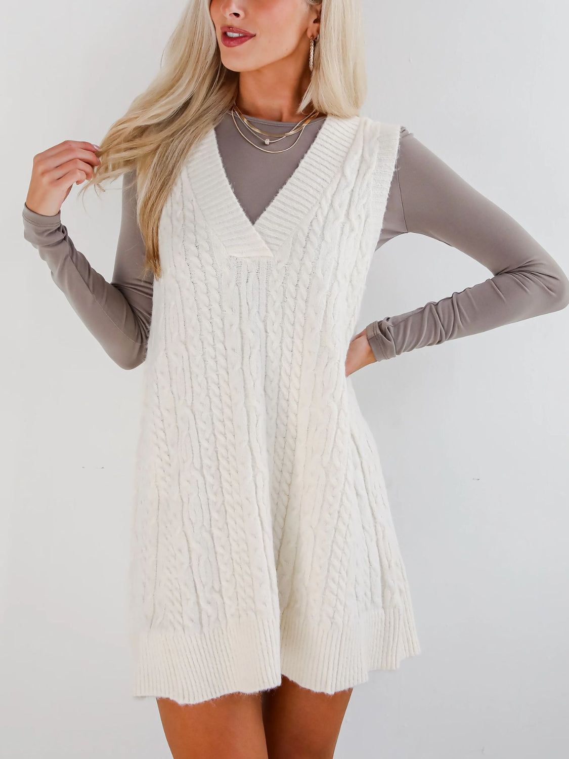 Buy Cable Knit V-Neck Mini Sweater Overall Dress by Faz