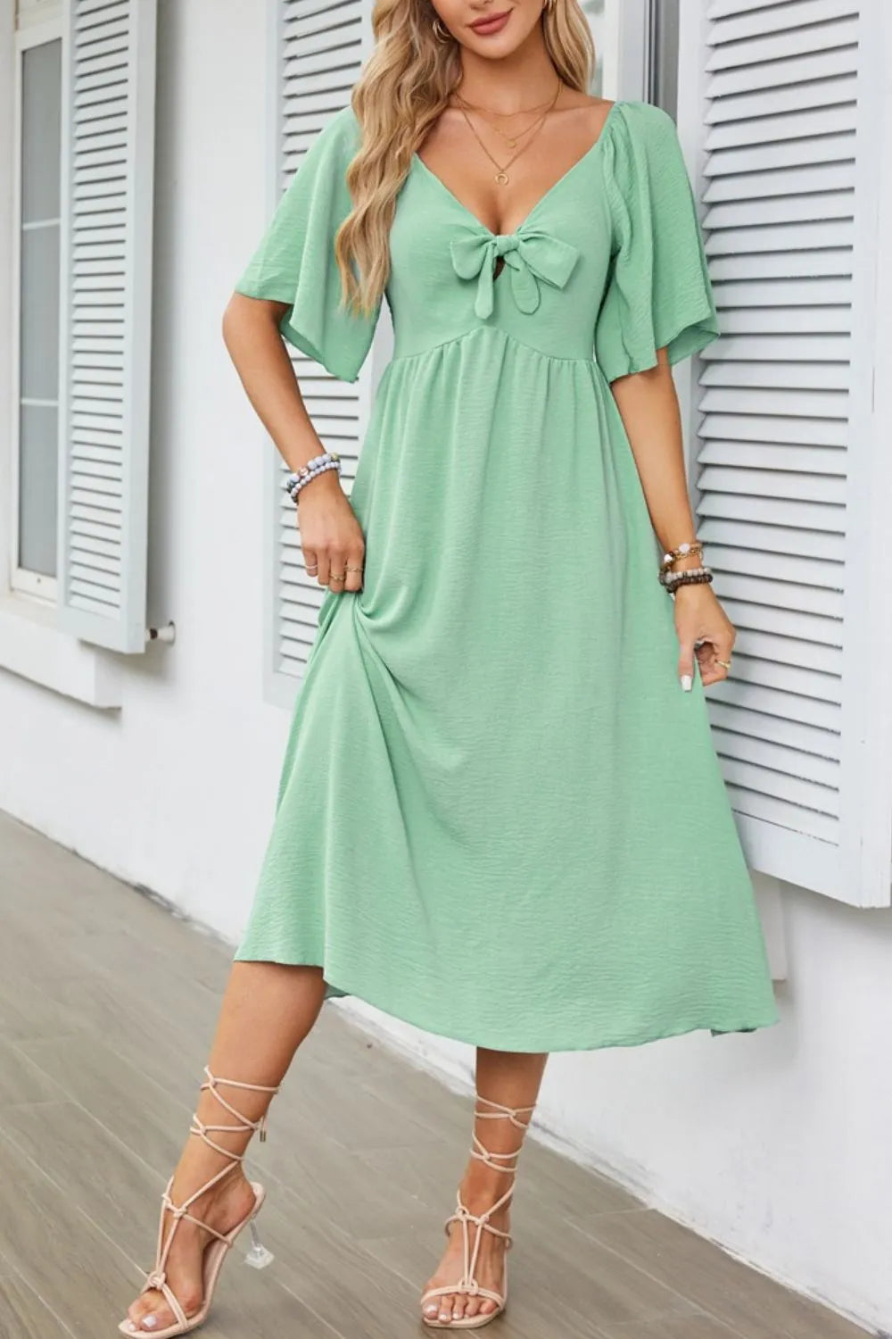 Buy Smocked Tie Front Flutter Sleeve Midi Dress by Faz