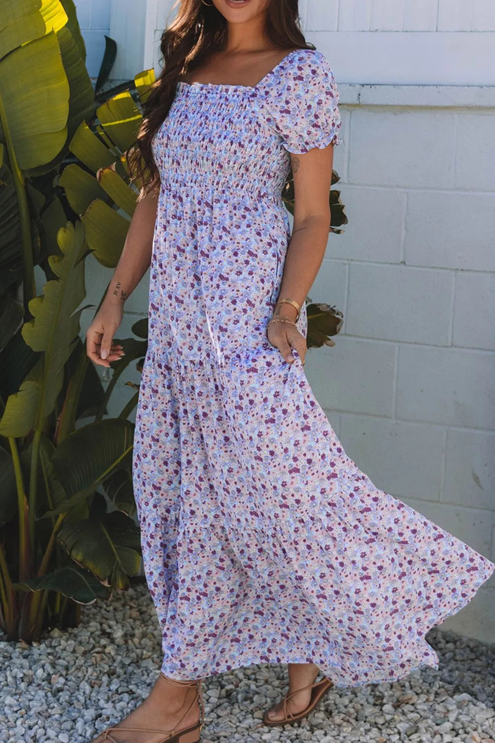 Buy Tiered Floral Shirred High Waist Maxi Dress by Faz