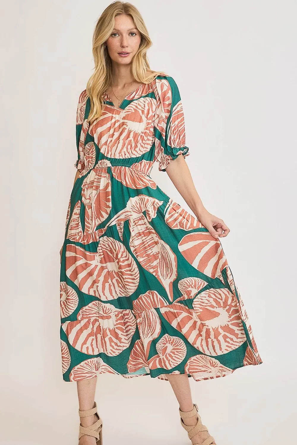 Buy Full Size Printed Notched Puff Sleeve Midi Dress Plus Size by Faz