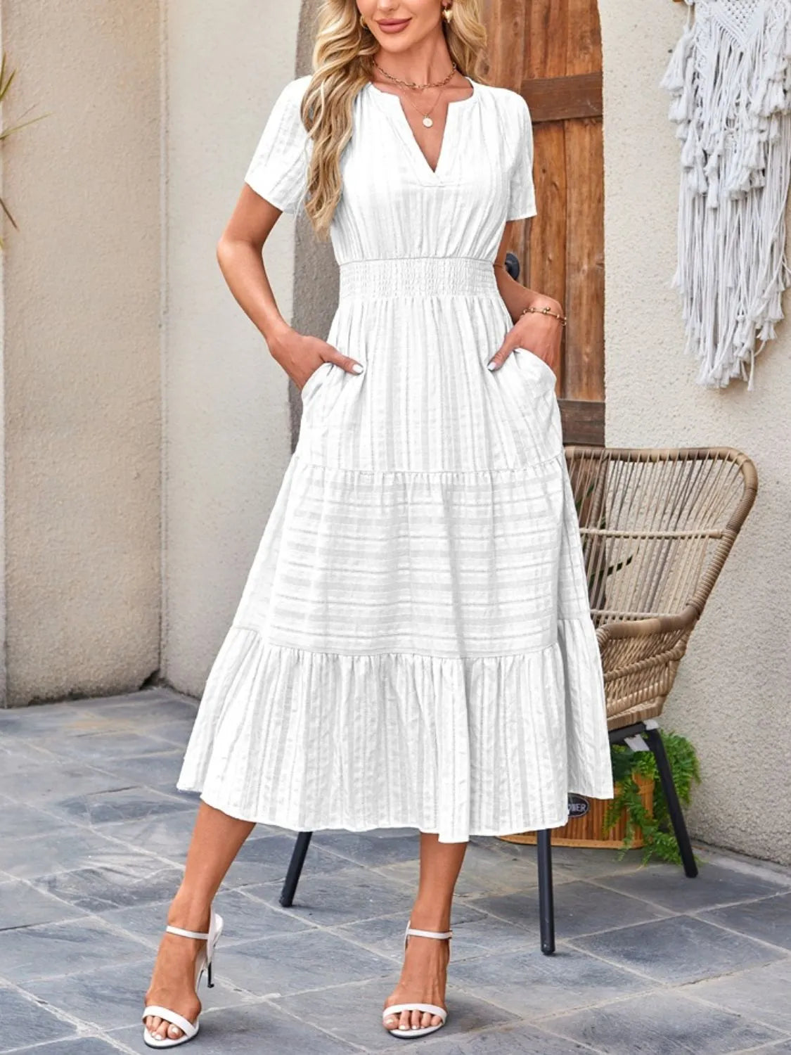 Buy Tiered Notched Short Sleeve Dress by Faz