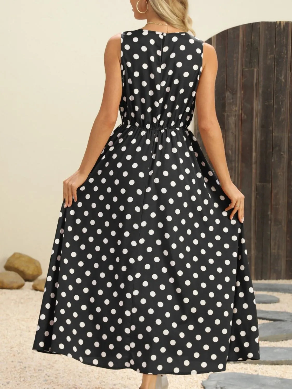 Buy Polka Dot Round Neck Sleeveless Midi Dress by Faz