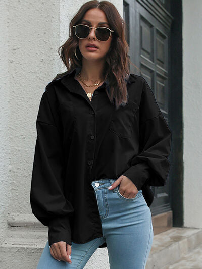 Buy Button Up Dropped Shoulder Lantern Sleeve Shirt by B&S