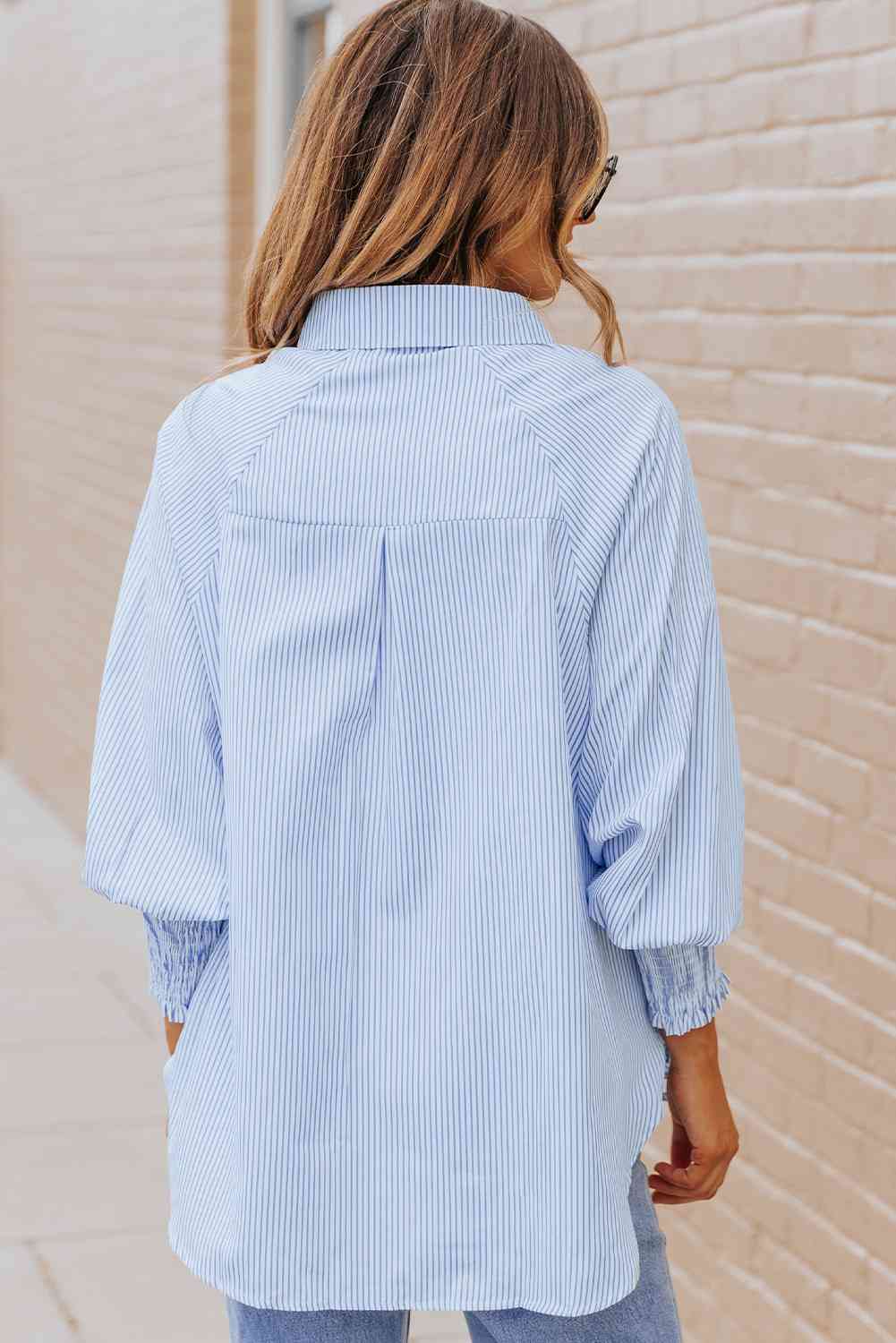 Buy Striped Lantern Sleeve Collared Shirt by SYNZ