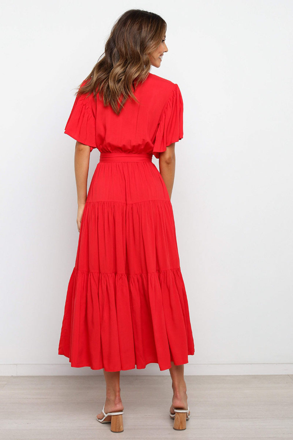 Buy Front Tie Short Sleeve Tiered Midi Dress by Faz