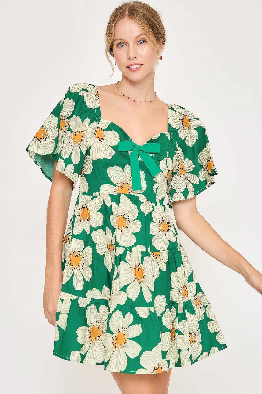 Full Size Daisy Print Mini Dress with Ribbon Details Plus Size