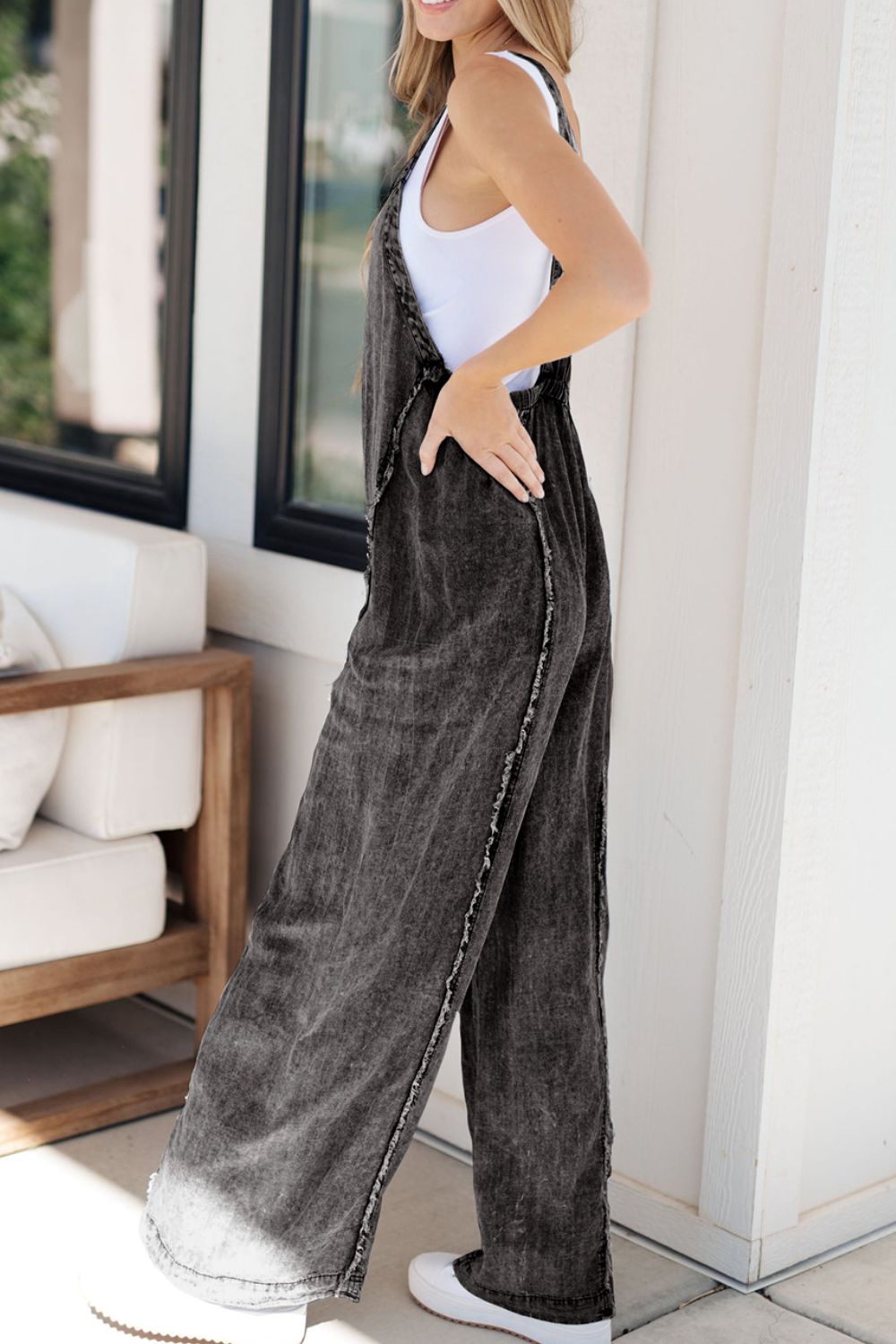 Buy Frayed Exposed Seam Wide Leg Denim Overalls by Faz