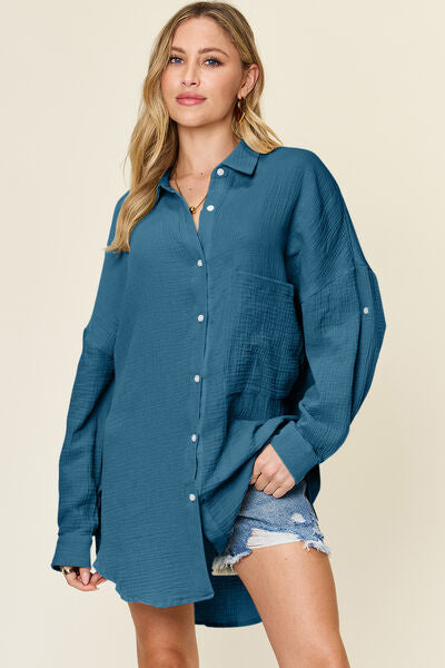 Buy Full Size Pocketed Texture Button Up Shirt by Double Take