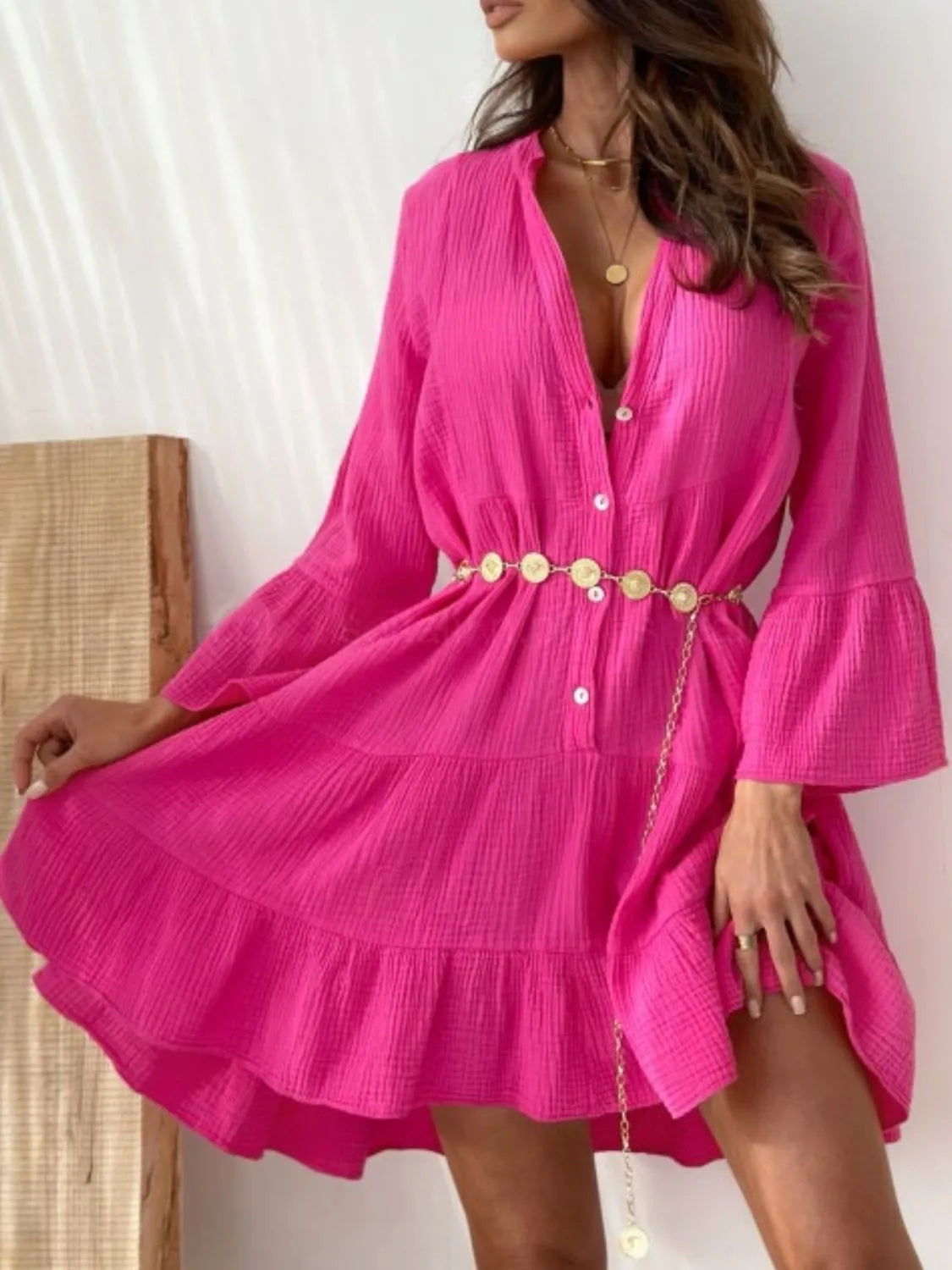 Buy Button Detail Notched Long Sleeve Dress by Faz