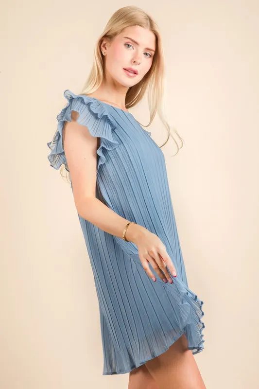 Plus Size Ruffle Sleeve Pleated Woven Mini Dress