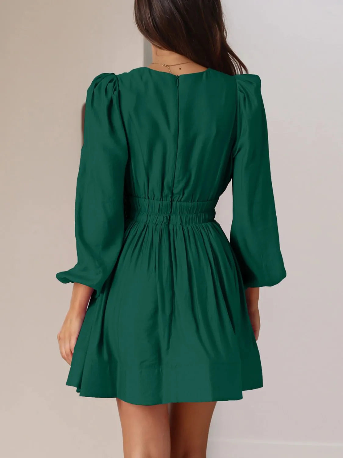 Buy Ruched V-Neck Balloon Sleeve Mini Dress by Faz