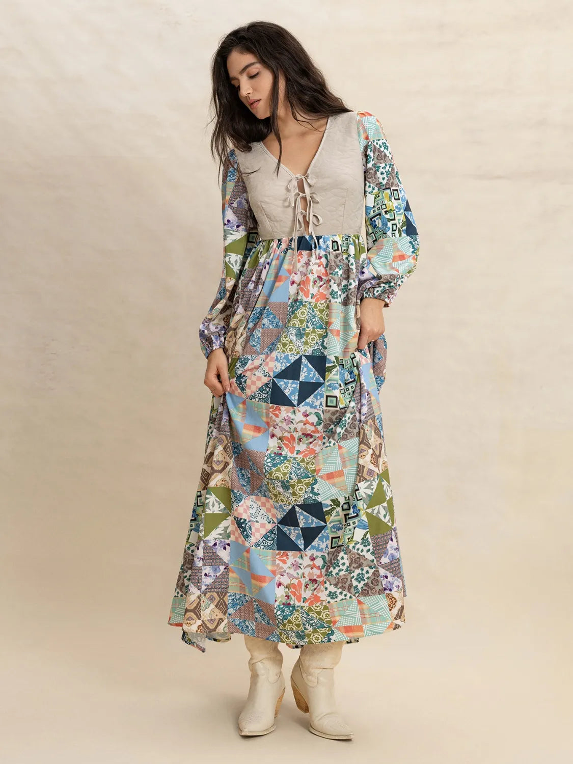 Buy Tied Front Printed Long Sleeve Maxi Dress by Faz