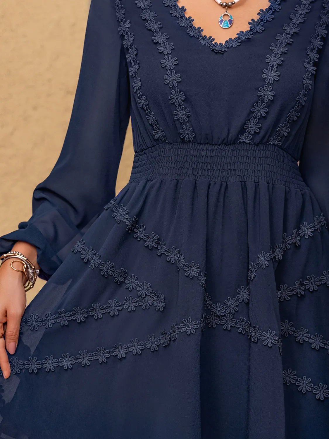 Buy Lace Detail V-Neck Balloon Sleeve Mini Dress by Faz