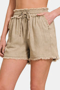 Buy Washed Linen Frayed Hem Drawstring Shorts by Faz