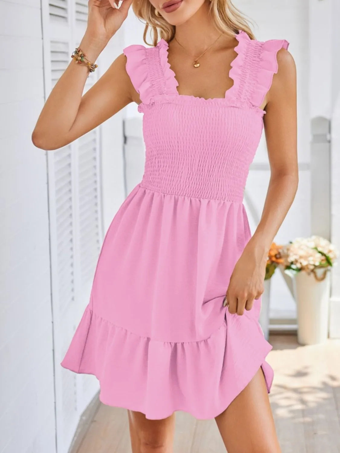 Buy Smocked Square Neck Wide Strap Dress by Faz