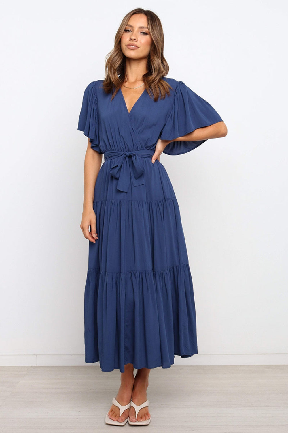 Buy Front Tie Short Sleeve Tiered Midi Dress by Faz