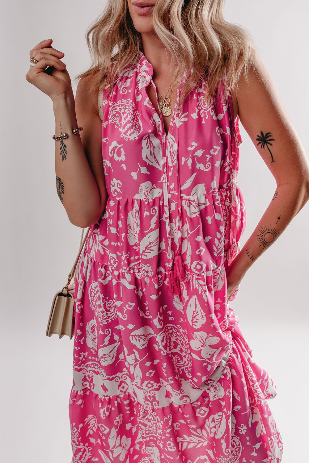 Buy Floral Sleeveless Tasseled Tie Neck Tiered Midi Dress by Faz