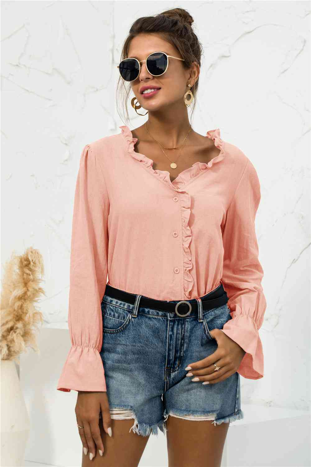 Buy Frill Trim V-Neck Flounce Sleeve Shirt by YO