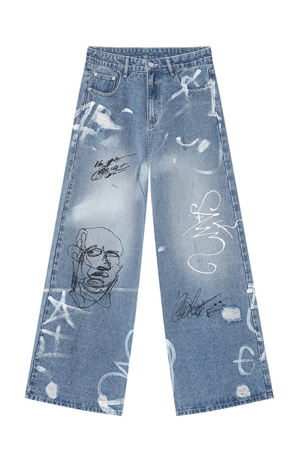 Buy Mid Rise Graffiti Print Distressed Wide Leg Jeans by Faz