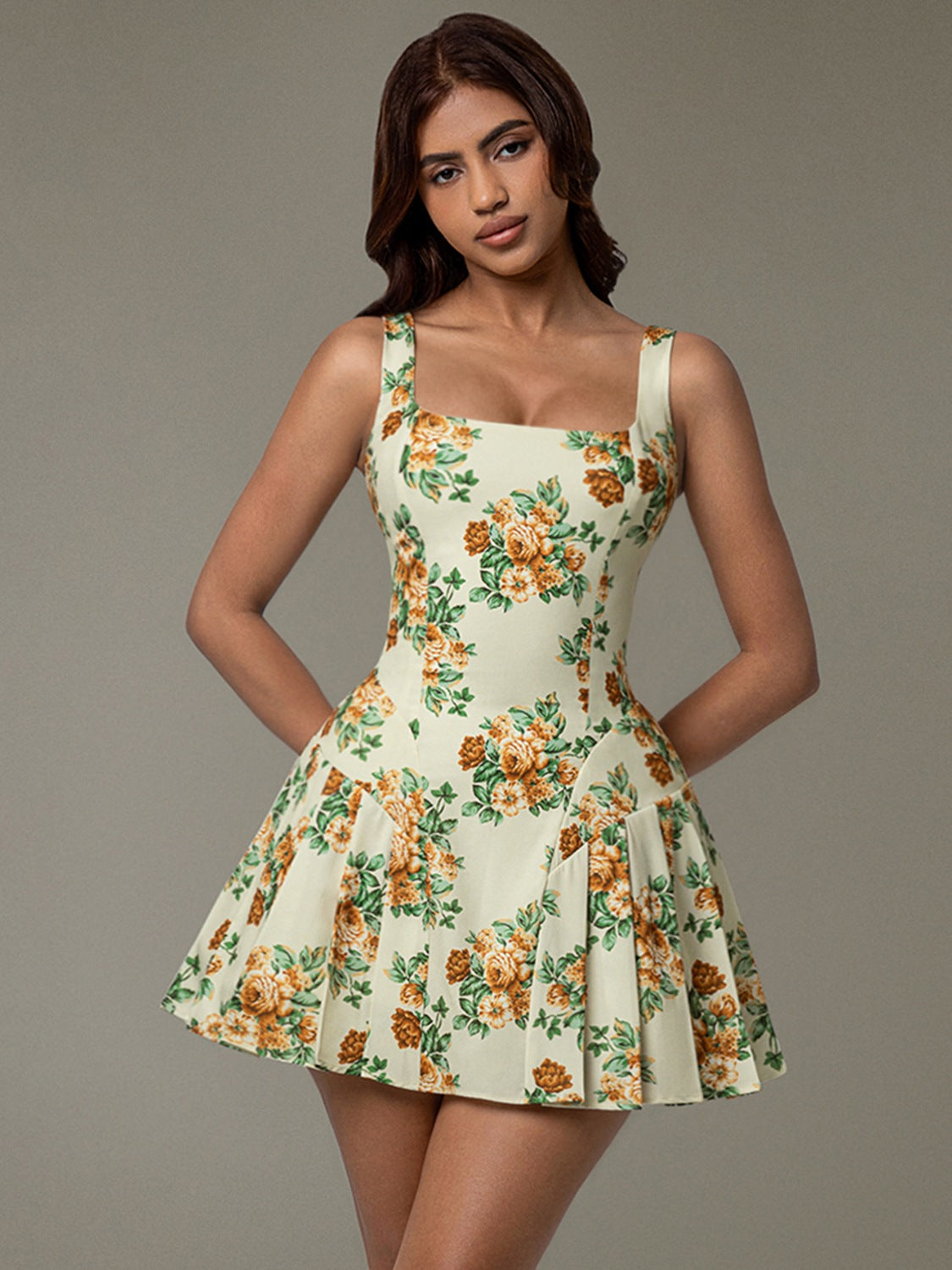 Buy Floral Sleeveless Mini Pleated Dress by Faz