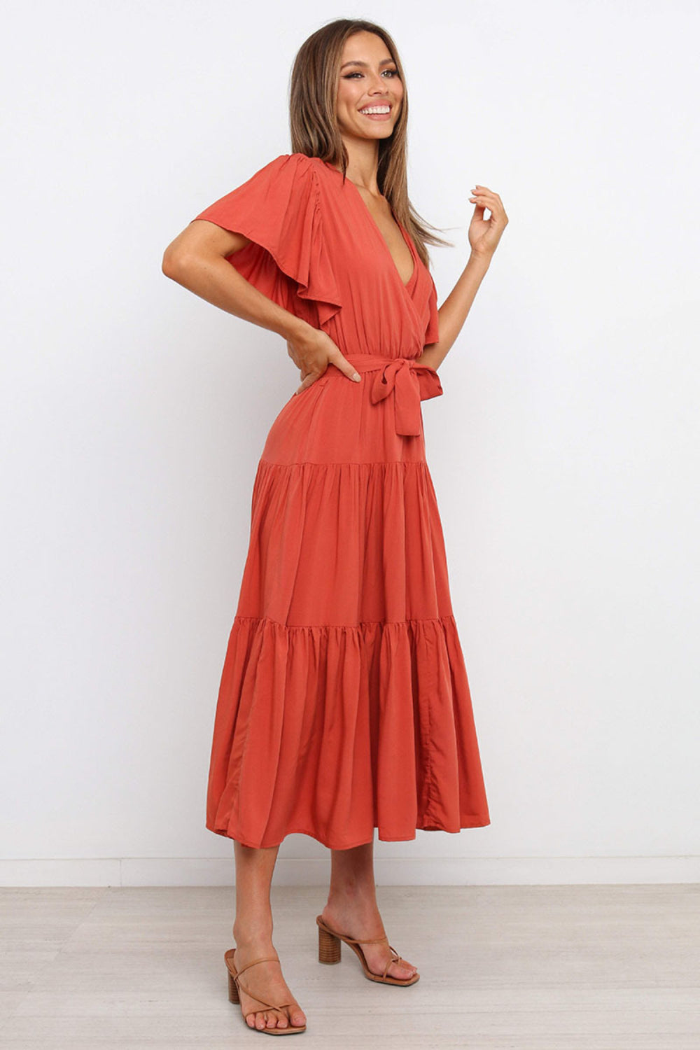 Buy Tied Tiered Short Sleeve Midi Dress by Faz