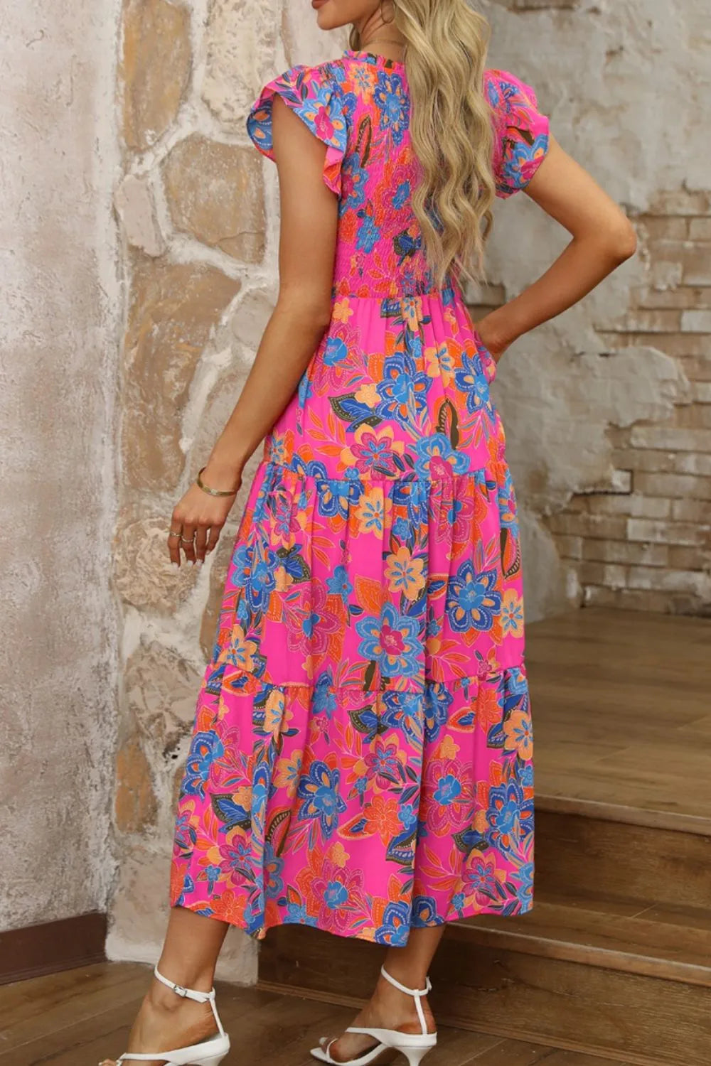 Buy Boho Floral V Neck Ruffle Tiered Dress by Faz