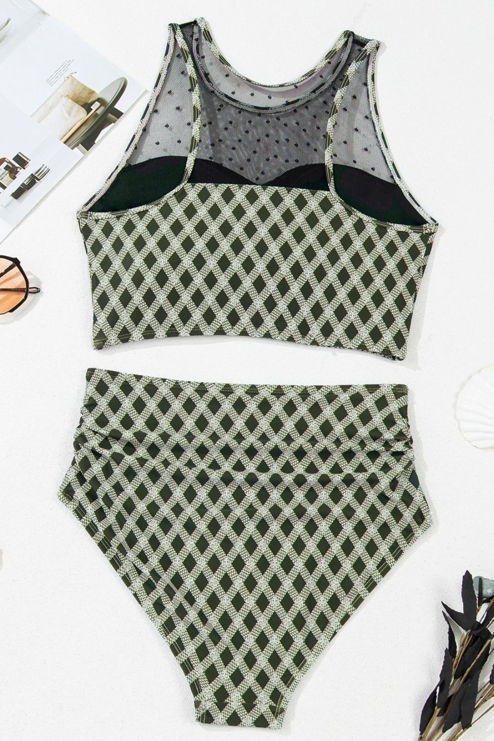 Buy Dotted Mesh Plaid Patchwork High Waisted Swim Set by Faz