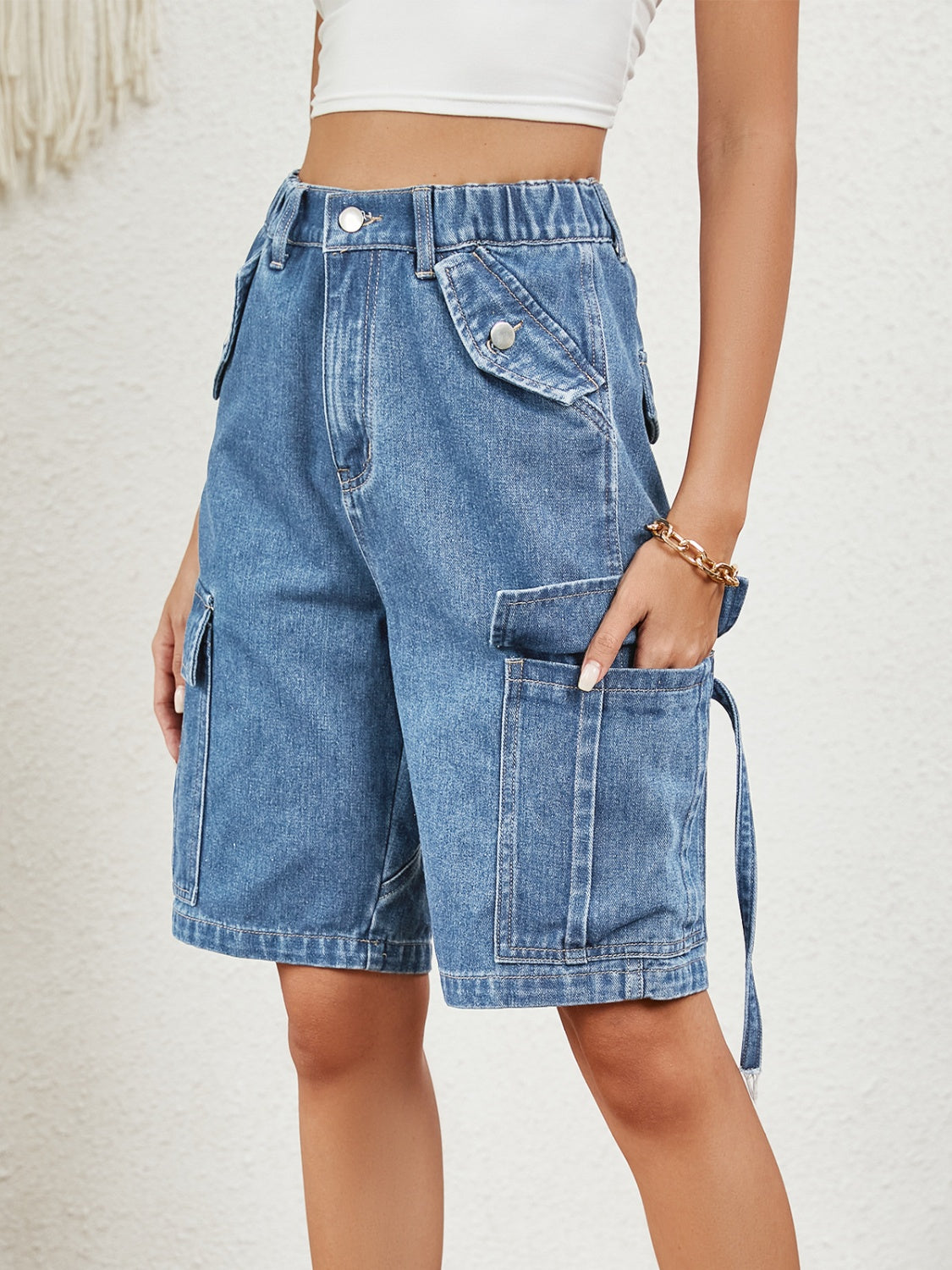 Buy High Waist Denim Shorts with Pockets by Faz