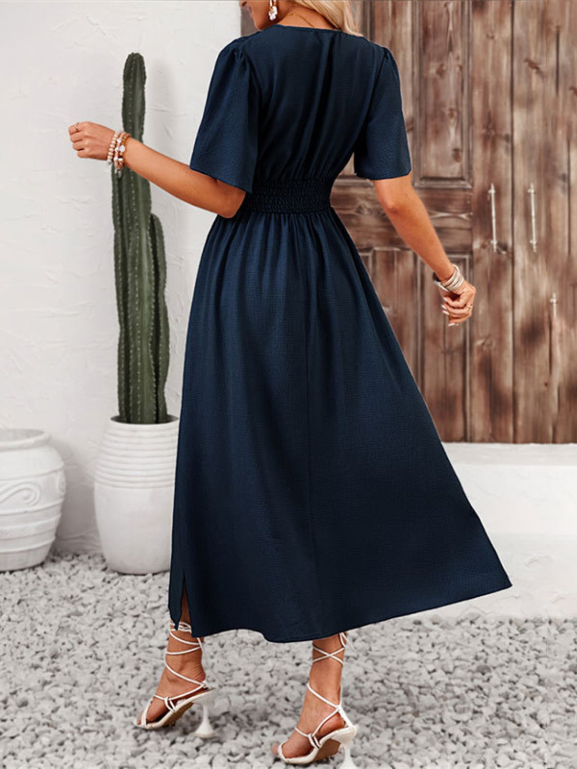Buy Side Slit Surplice Flutter Sleeve Midi Dress by Faz