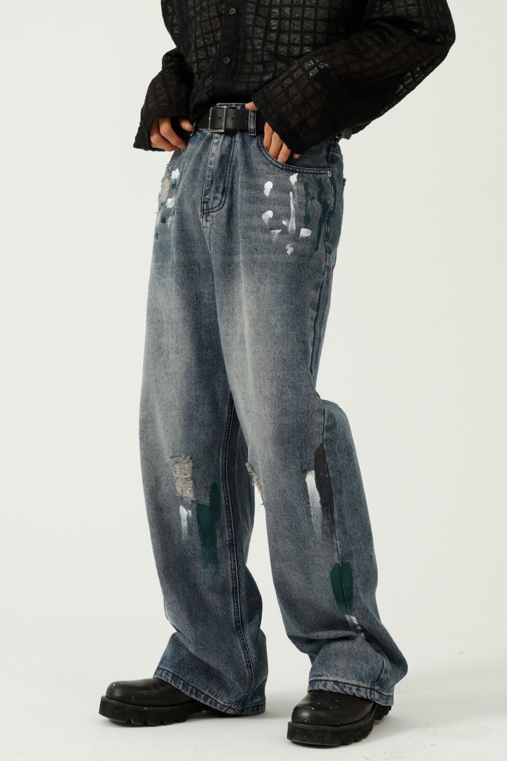 Buy Washed Distressed Wide-Leg Jeans by Faz